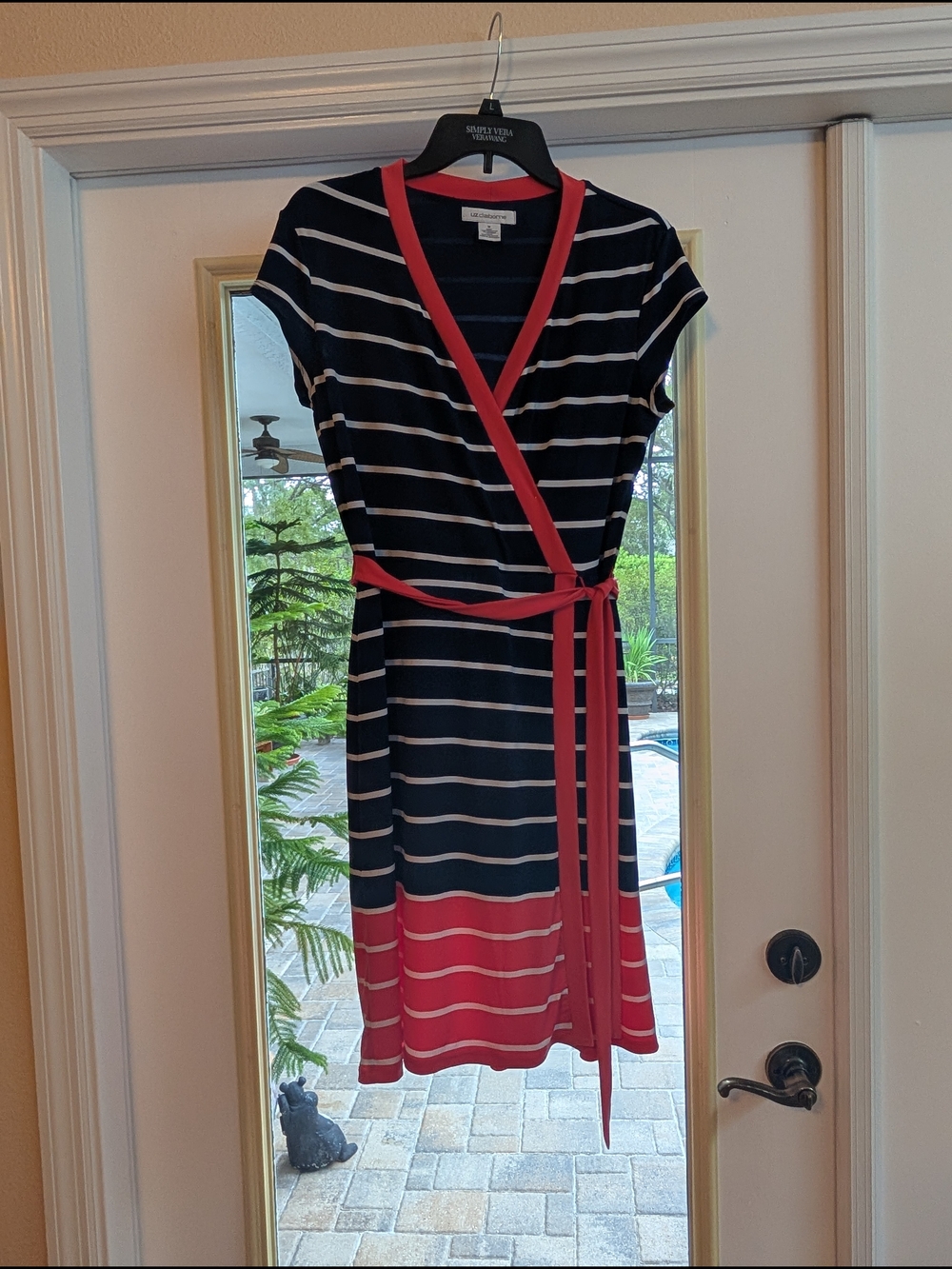 Liz Claiborne Navy and Coral Striped Faux Wrap Midi Dress